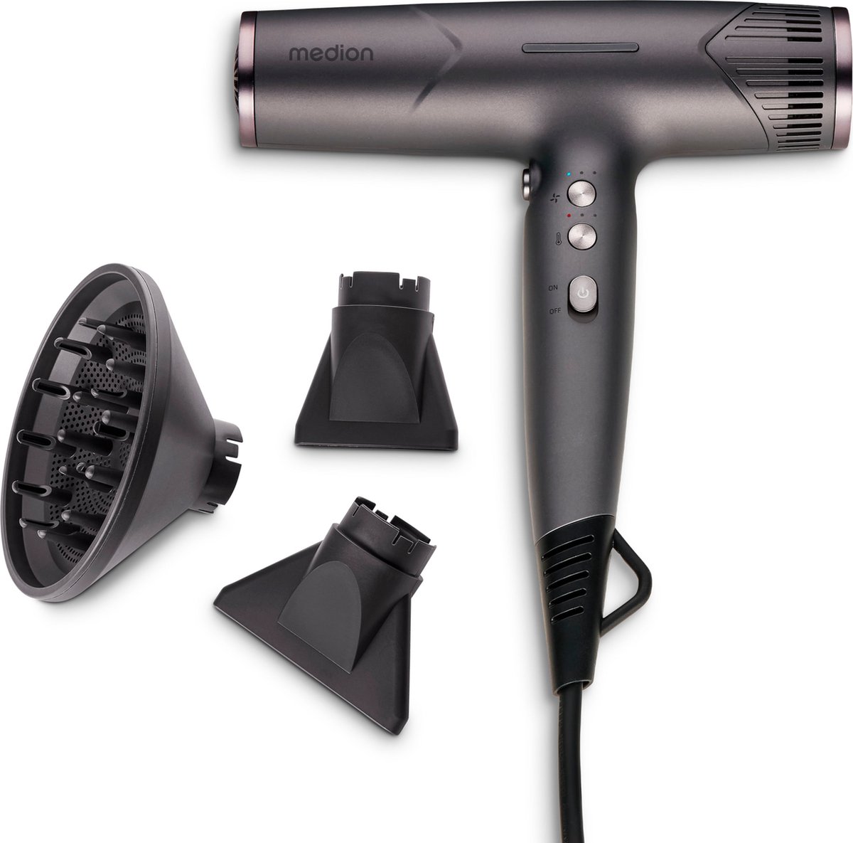 MEDION HD2 haardroger (ionische technologie, 1.500 watt, veelzijdige opzetstukken voor diffuser en stylingmondstukken, duurzame BLDC motor, zelfreinigende functie, lang netsnoer) grijs - MEDION - €59,95