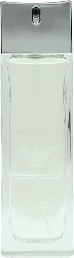 Transparante parfumfles met zilverkleurige dop en Armani logo.