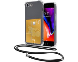 Hoes Geschikt voor iPhone SE 2022 Hoesje Pasjeshouder Cover Met Koord Shock Proof Case Siliconen Hoes Met Telefoonkoord en Kaarthouder - Transparant