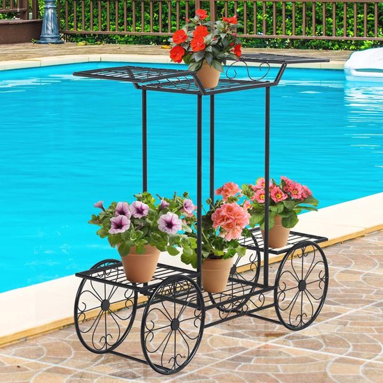 COSTWAY Metalen plantenstandaard, 3 etages, 60 kg, bloemenstandaard met lade en kantelbescherming, plantentrap, hout, bloemenrek, bloementrap, plantenrek, voor balkon, indoor, 30,5 x 30,5 x 92 cm