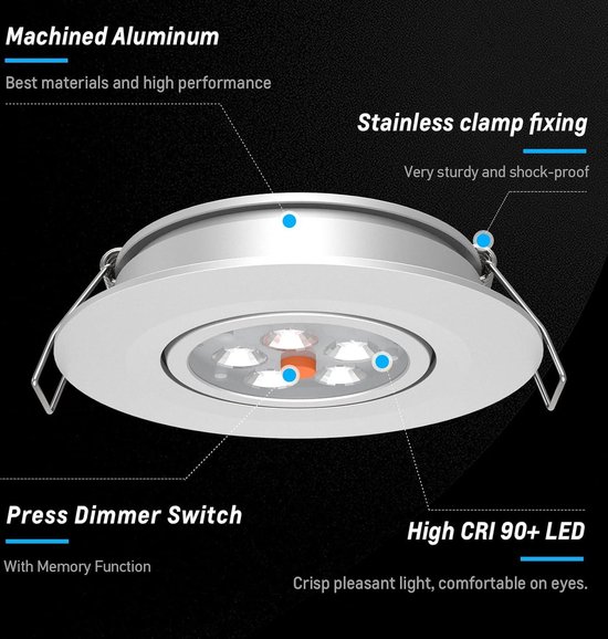 acegoo 12V LED inbouwlamp plafondlamp 2W spot Ingebouwde dimmer schakelaar en rood licht 70° draaibare 35° stralingshoek voor camper boot caravan keuken badkamer, aluminium 205lm(Zwart 5000K