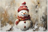 Tuinposter 120x80 cm - Tuindecoratie Sneeuwpop - Winter - Sneeuw - Beige - Poster voor in de tuin - Buiten decoratie - Schutting tuinschilderij - Tuindoek muurdecoratie - Wanddecoratie balkondoek - Kerstversiering - Kerstdecoratie