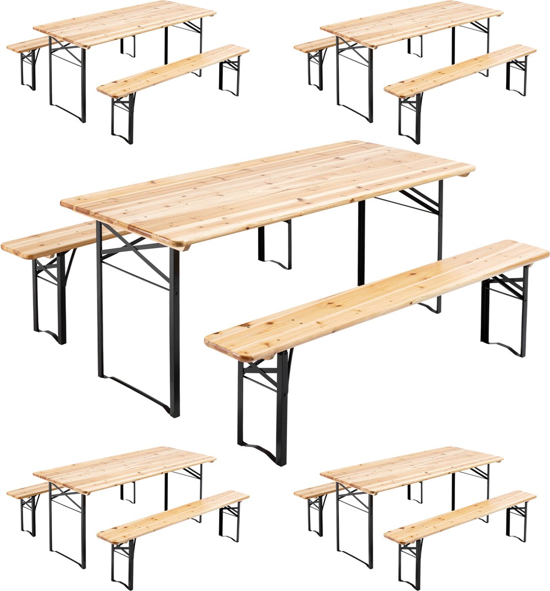 Oviala - 5 Opvouwbare tafels 177x80x76cm + 10 opvouwbare houten banken - Munich