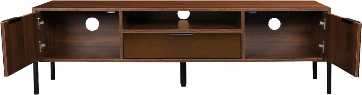 sweeek Vintage walnoot tv-meubel met houteffect, afwerking met rookkleurig glas, metalen poten en handgrepen, l 151,5 x 38 x 44,7cm