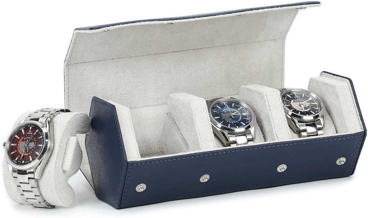 Zeshoekige horlogebox van echt leer voor 3 horloges - blauwe reis horlogekoker met beschermende opbergdoos