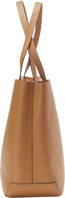 Bruine leren shopper, zijaanzicht, met twee gekruiste hengsels.