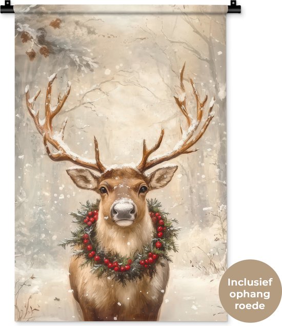 Wandkleed 60x90 cm - Wanddoek Kerst - Rendier - Winter - Krans - Wandtapijt - Wandkleden - Kerstdecoratie voor binnen - Kerstversiering woonkamer decoratie - Kerstmis versiering in huis - Christmas decorations - Kerstaccessoires