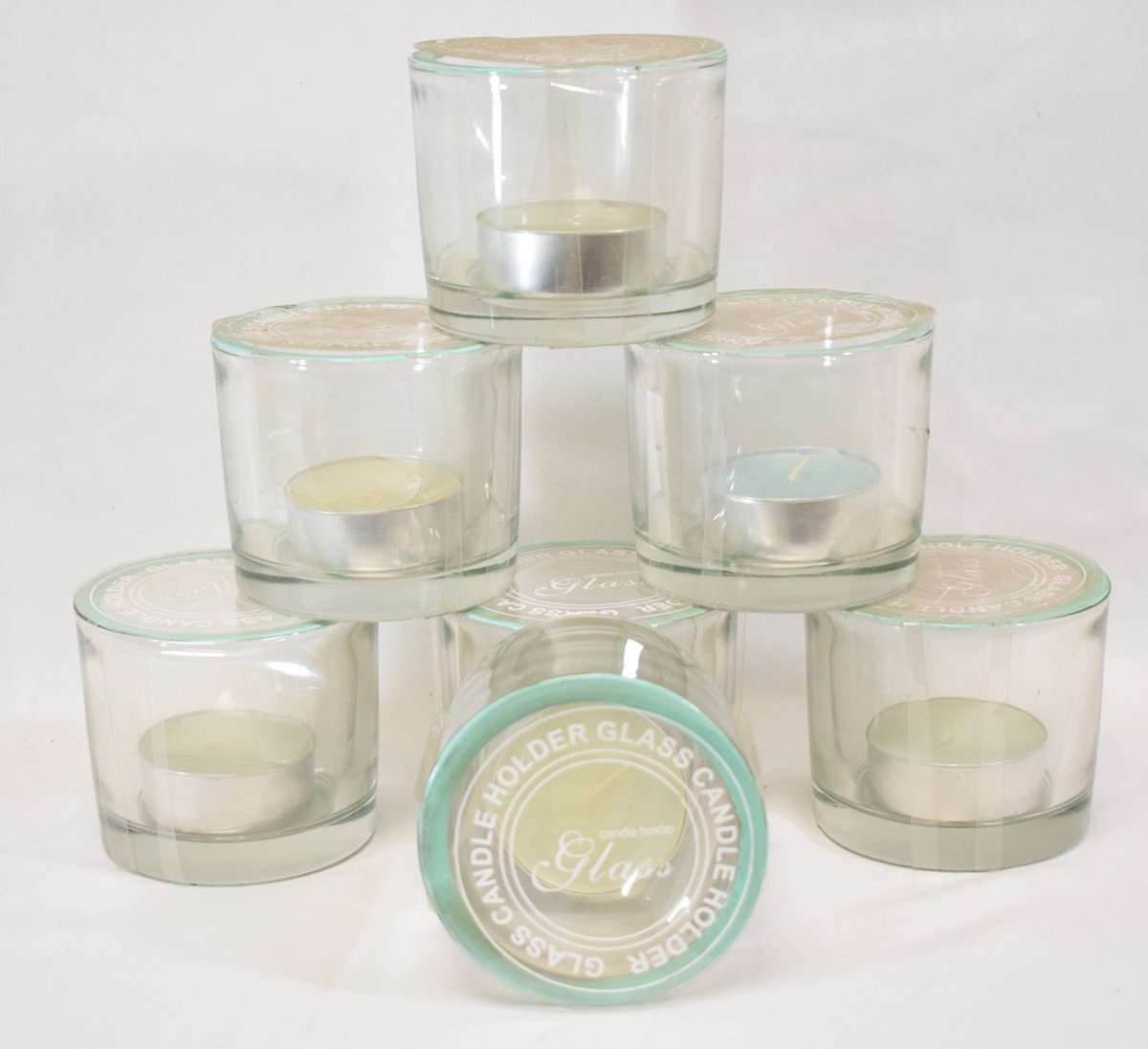 ZoeZo Design 6 stuks - waxinelichtjeshouder - zwaar glas - glas - licht groene rand - met theelichtjes - H8 x Ø8 cm - herbruikbaar lichtgroen - helder glas