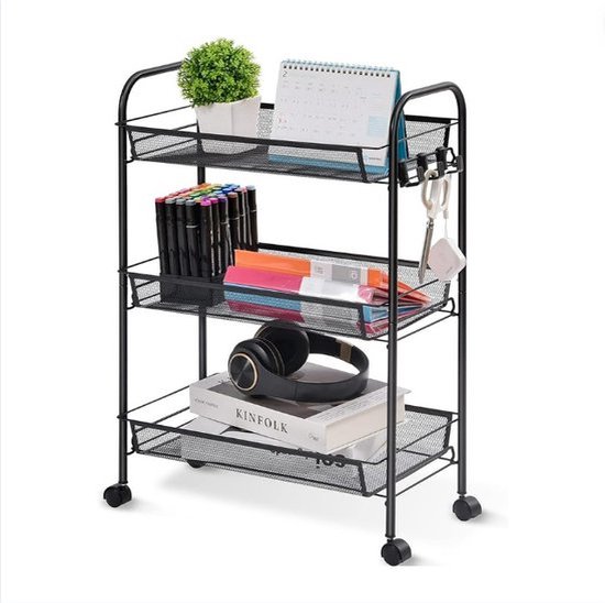 Relaxdays bamboo kitchen trolley, 3 compartments, castors 360° rotatable, stainless steel rods, serving trolley, HBD 76.5x46x38 cm, white