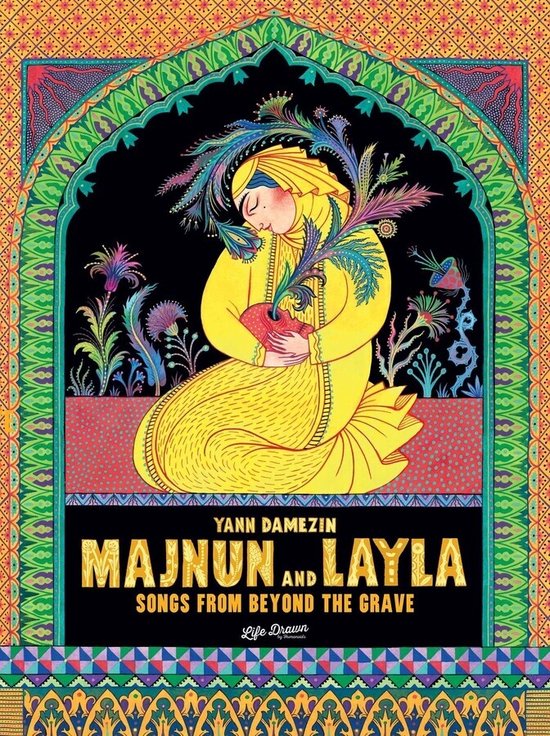 Une femme jaune en tenue traditionnelle, portant un foulard, tenant un pot avec des branches colorées. L'arrière-plan est orné de motifs.