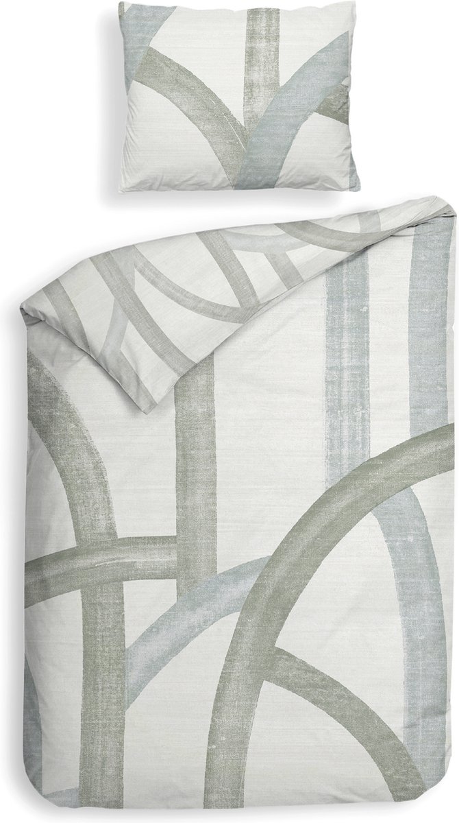 Heckettlane Dekbedovertrek Yves - Bedlinnen met Strepen print - 140x220 - Off-White - Dekbedhoes van 100% Katoen-Satijn