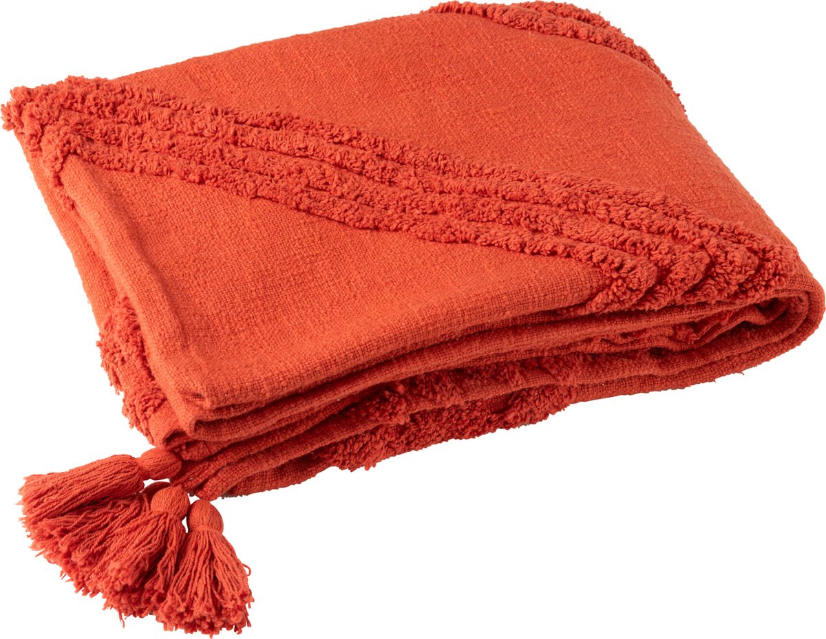 J-Line plaid Getuft + Kwasten - katoen - rood - 130 x 180 cm