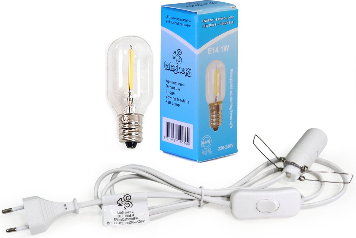 E14 Fitting, Kabel 1.8mtr, LEDLAMP (o.a. voor Zoutlamp) - Inc Aan/Uit Schakelaar - Extra Lange Kabel - LalaShops