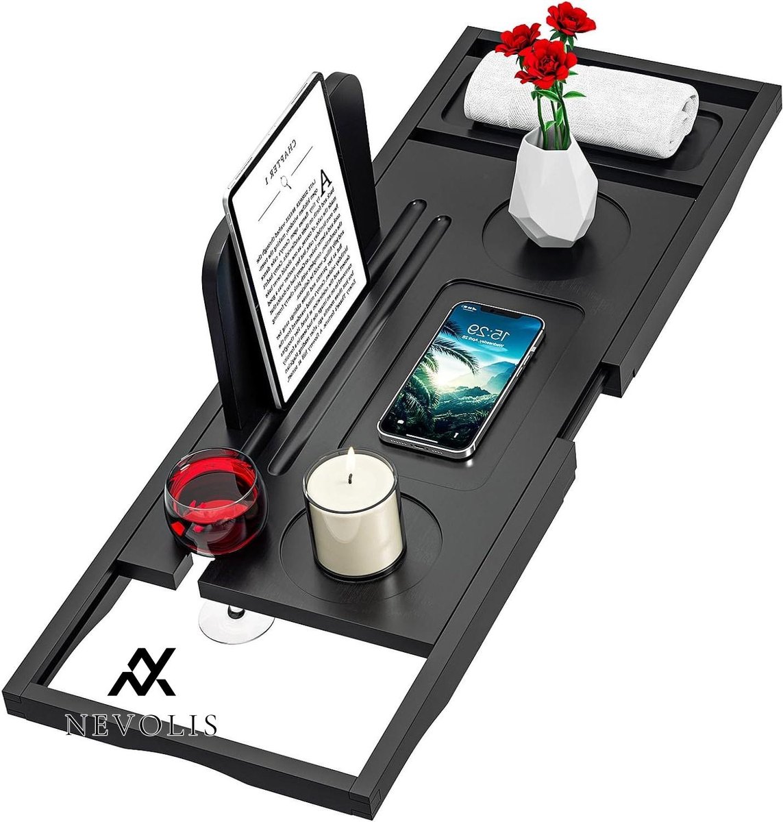 Nevolis Bathtub Tray Caddy Black Expandable Size Fits Most Bathtubs - Bamboo Bath Tray - Bath Tub Tubs - Premium .