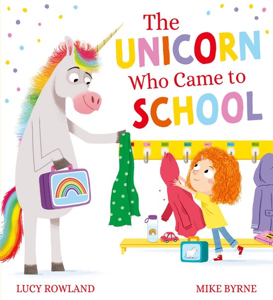 Een grijze eenhoorn met een regenboogkleurige manen en staart, die een meisje helpt met haar schooltas en jas op school.