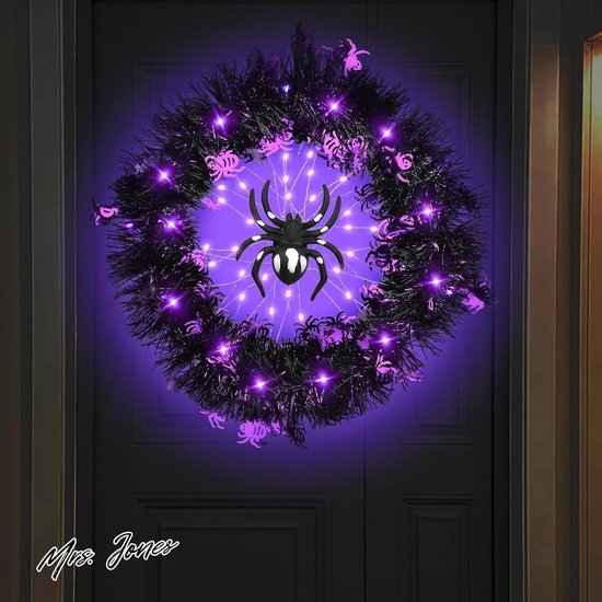 Couronne De Porte D'Halloween Avec Guirlande Lumineuse, Couronne De