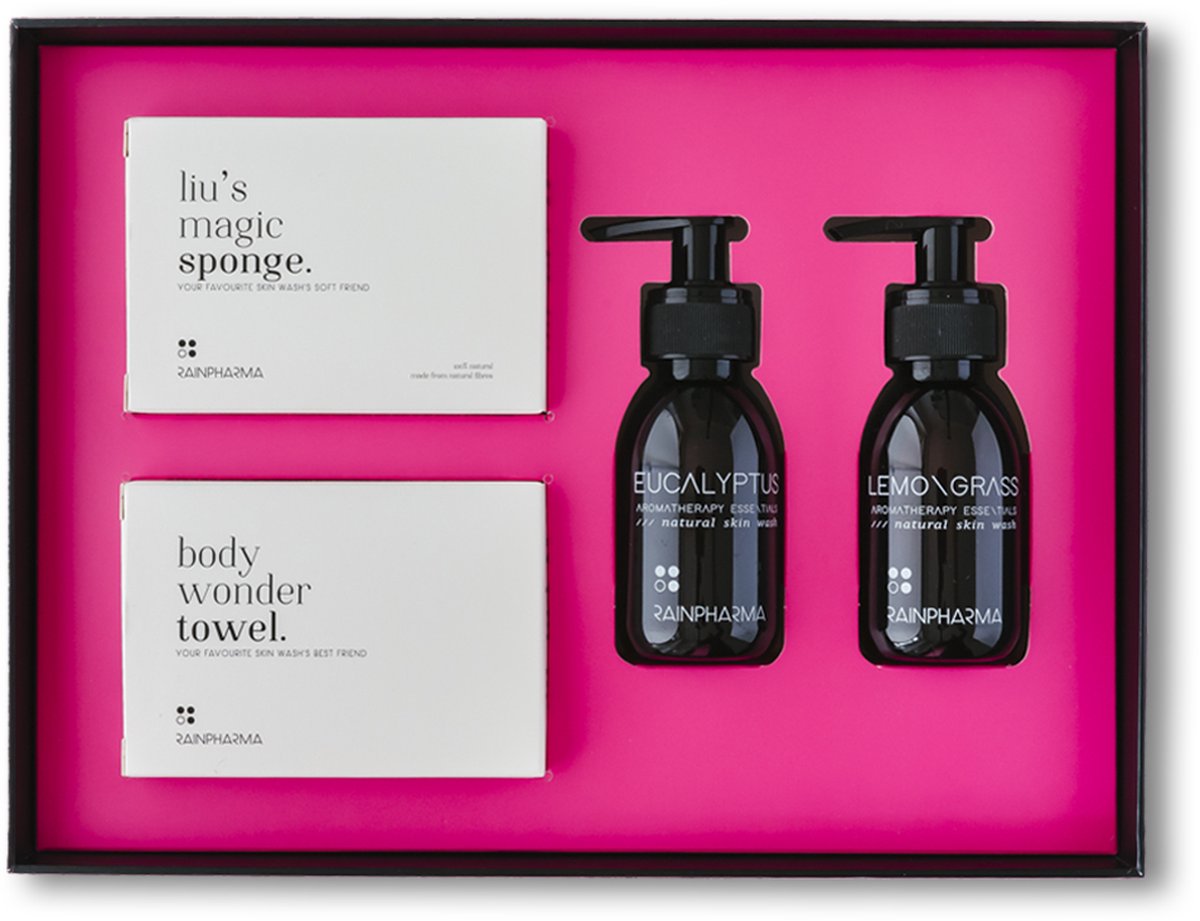 Goedkoopste RainPharma Every body happy - 4-delige set - Skin Wash - Douchegel - Spons - Handdoek - Huidverzorging - Geschenkset