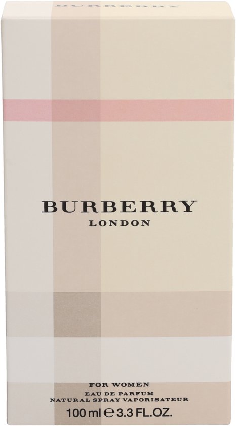 Doos van Burberry London Eau de Parfum voor dames, 100 ml. Beige met roze en bruine ruit.