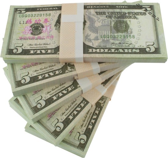Foto: Vals geld 5 amerikaanse dollars 100 bankbiljetten 