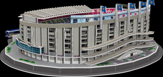 3D puzzel van het Spotify Camp Nou stadion, met busje en FC Barcelona vlaggen.