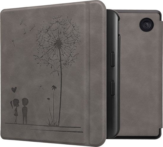 kwmobile Étui pour liseuse Kobo Libra Color - Étui à rabat pour liseuse avec support - Étui pour liseuse en simili cuir - Motif Pissenlits Amour en gris