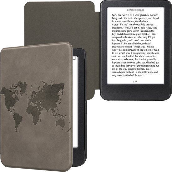kwmobile e-reader hoesje geschikt voor Kobo Clara BW / Colour hoes - Ereader flip case met standaard - Kunstleren e reader cover - Wereldkaart design in grijs van Merkloos — afbeelding 2