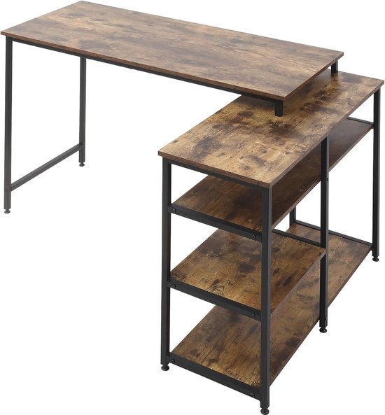 LIFEZEAL L-vormige computertafel, hoekbureau met 2 planken, industrieel design, bureautafel, gamingtafel voor kantoor, werkkamer (vintage korrelkleuren LIFEZEAL L-vormige computertafel, hoekbureau met 2 planken, industrieel design, bureautafel, gamingtafel voor kantoor, werkkamer (vintage korrelkleuren
