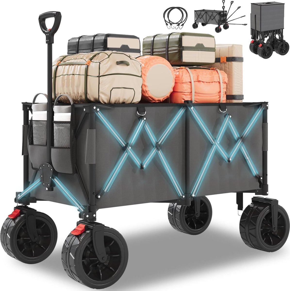 Opvouwbare kampeertrolley met grote wielen - 260L, 150kg draagvermogen, ideaal voor buiten, tuin, strand, en winkelen