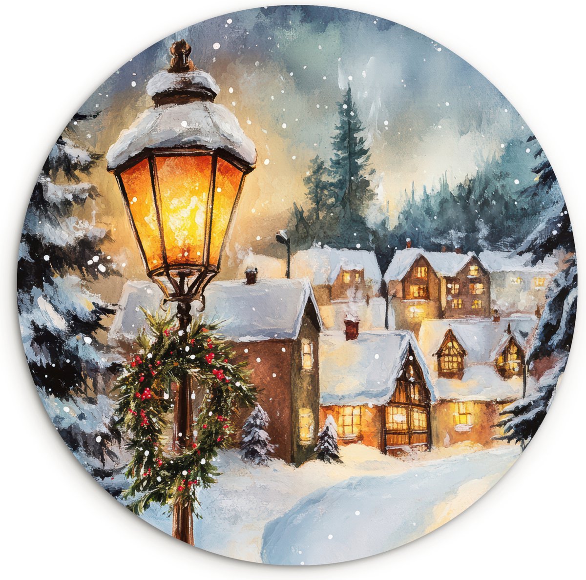 WallCircle® Wandcirkel 90x90 cm - Muurcirkel Kerstdorp - Huizen - Sneeuw - Kerst - Muurdecoratie woonkamer - Wanddecoratie slaapkamer - Kamer decoratie accessoires - Ronde schilderijen