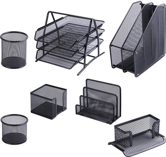 SUMOH® Ensemble d'organisateurs de bureau 7 pièces – Plateau à crayons – Maille métallique – Bac à courrier – Porte-trombones Memobox Porte-lettres – Zwart