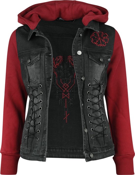 Black Premium by EMP Zwart-rood spijkerjasje met afneembare capuchon en mouwen van extra zachte zweetstof - Dames - S