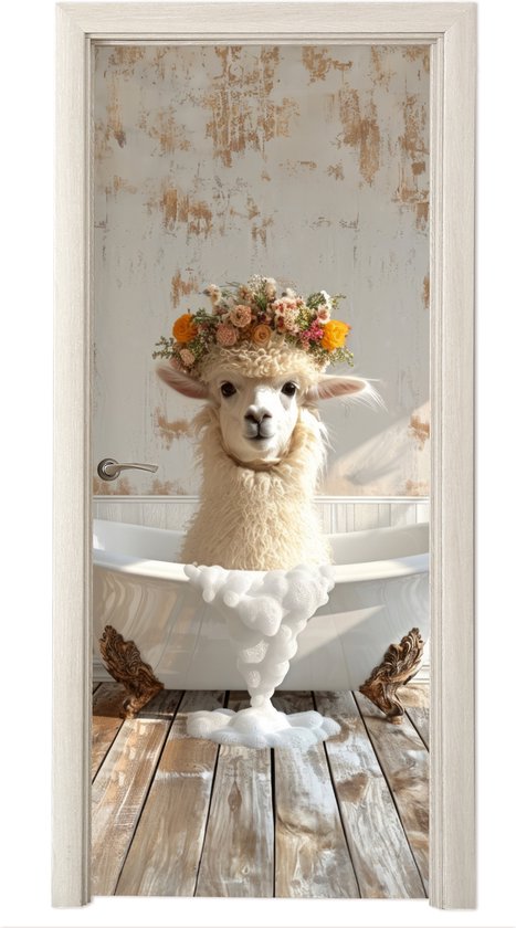 Alpaca met bloemenkrans in een badkuip vol schuim.