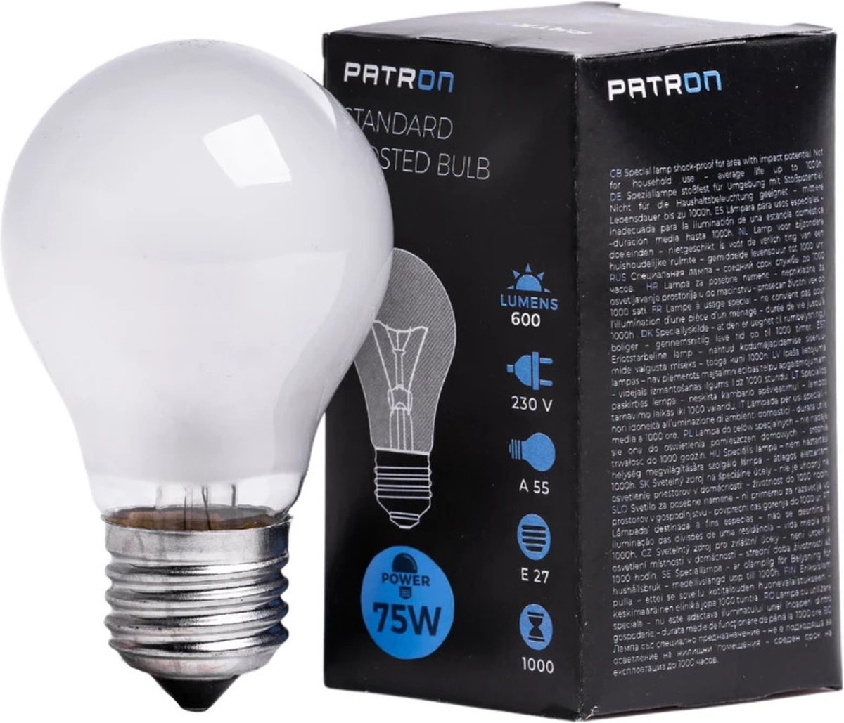 Patron E27 Gloeilamp | 75W 2700K 600Lm Mat | Dimbaar