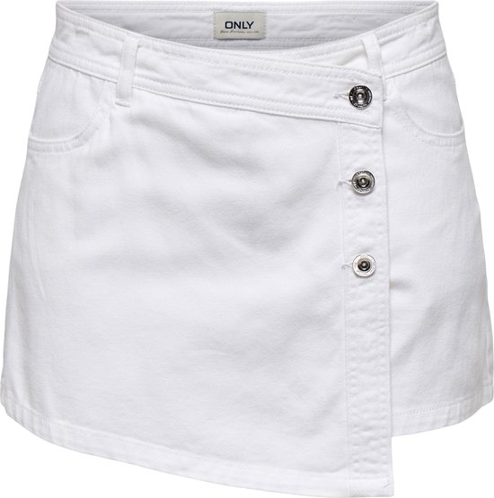 Witte denim skort met omslaglook en zilverkleurige knopen.