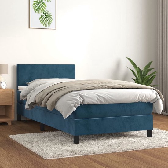 The Living Store Boxspring met matras fluweel donkerblauw 90x200 cm - Boxspringbed - Donkere Kleuren - Fluweel - Tweepersoonsslaapcomfort - Hoofdbord