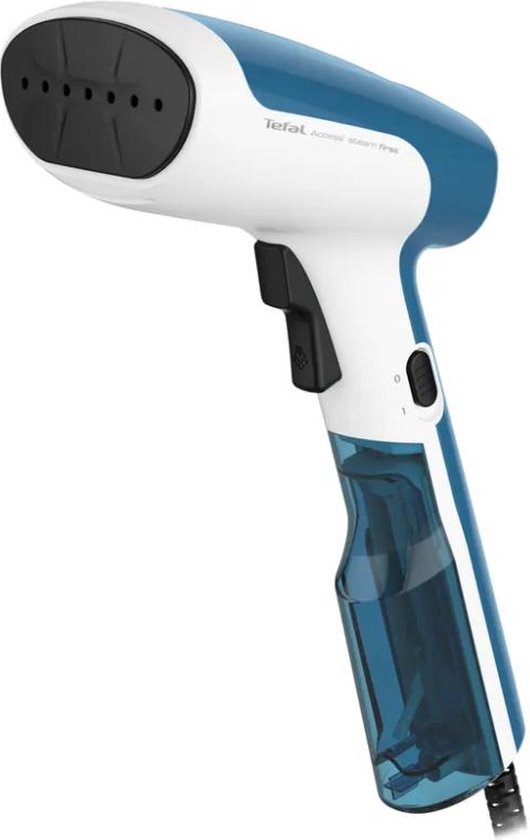 Een witte en blauwe Tefal Access Steam First kledingstomer, van voren gezien.