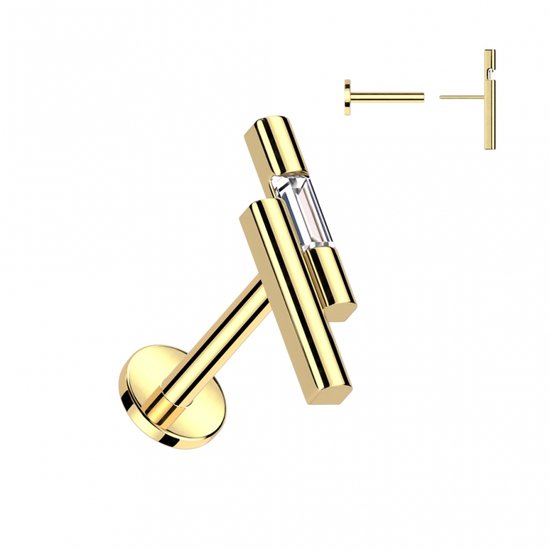 Gouden dubbele staaf piercing met een heldere rechthoekige steen, inclusief losse steker.
