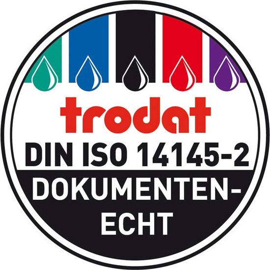 Logo Trodat avec 5 gouttes bleues, vertes, rouges, violettes et oranges, et le texte 'trodat DIN ISO 14145-2 DOKUMENTEN-ECHT'.