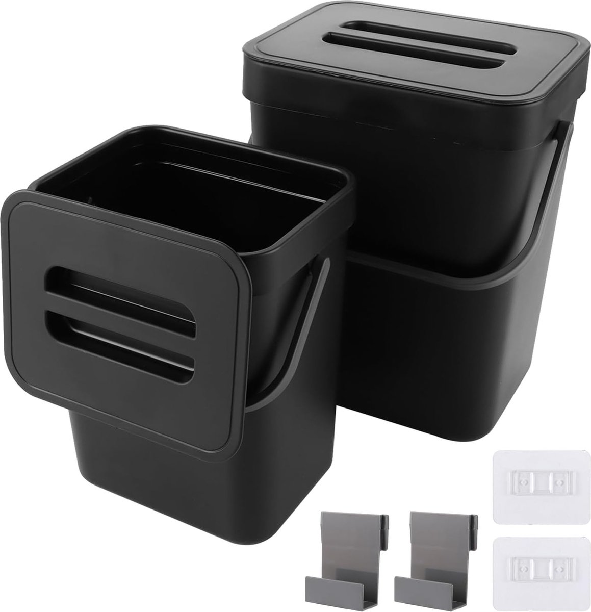 Goedkoopste Keukenafvalbak, set van 2 (3L 5L), kunststof keukencompostbak met hangend deksel, geschikt voor keuken, badkamer, kantoor, slaapkamer (zwart
