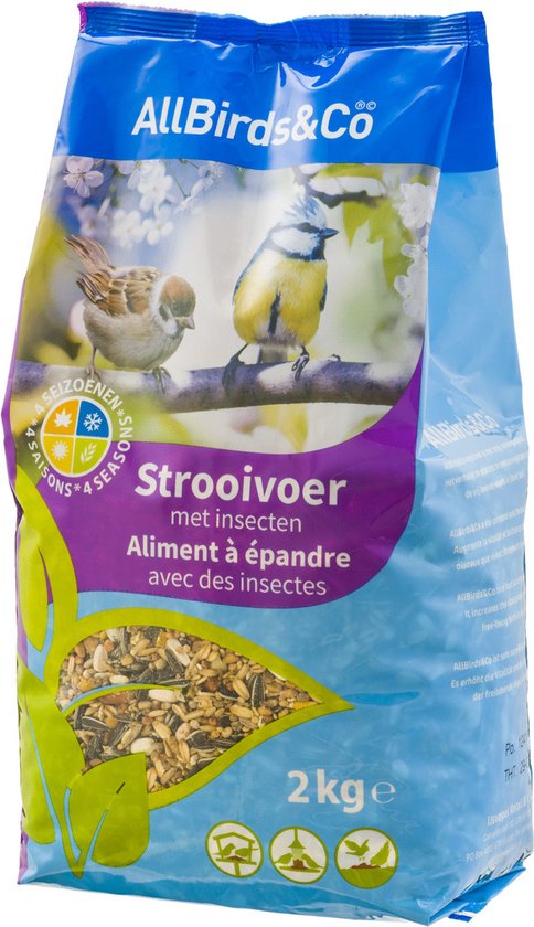 Blauwe zak met "AllBirds&Co Strooivoer met insecten". Twee vogels op een tak, 2 kg.