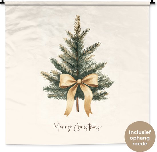 Wandkleed 120x120 cm - Wanddoek Kerstboom - Kerst - Merry Christmas - Beige - Wandtapijt - Wandkleden - Kerstdecoratie voor binnen - Kerstversiering woonkamer decoratie - Kerstmis versiering in huis - Christmas decorations - Kerstaccessoires