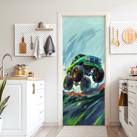 Poster porte 85x205 cm - Sticker porte Monster truck - Voiture - Garçons - Vert - Film meuble autocollant - Film porte chambre ado - Film intérieur chambre enfant - Film adhésif porte - Sticker papier peint porte - Décoration chambre ado