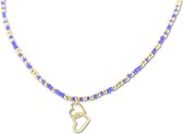 Cadeau voor haar CO88 Collection 8CN-26298 Stalen Ketting met Kralen - Dames - Goudkleurig - 3 mm - Blauw - 2,5 mm - Hartjes - 19 mm - Lengte 38 + 7 cm