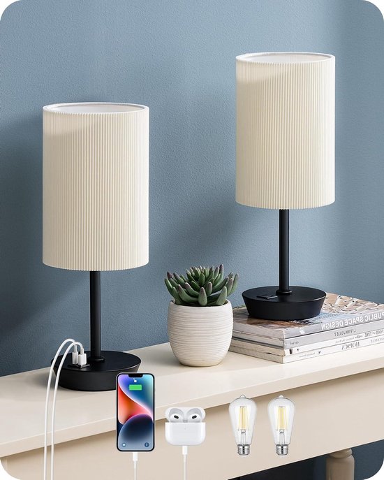EDISHINE Set van 2 Tactiele Bedlampen met 2 USB-poorten & 1 Stopcontact, Inclusief LED-lamp, 3 Verstelbare Helderheden, Moderne Tafellamp voor Slaapkamer, Woonkamer, Grijze Linnen Lampenkap