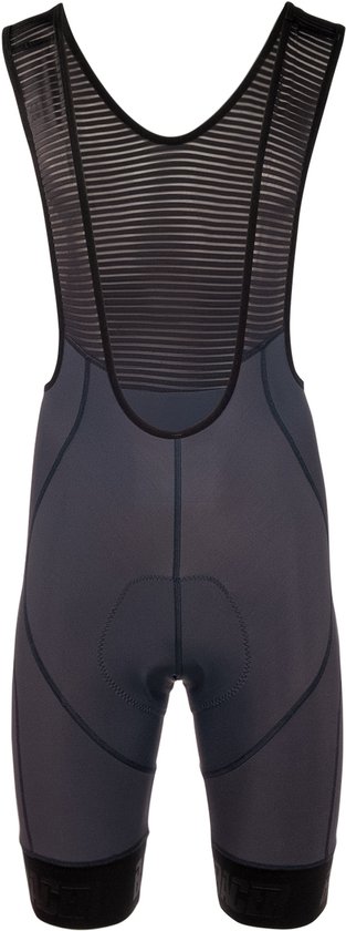 Cuissard de cyclisme gris foncé avec bretelles, haut en mesh et ourlet noir.