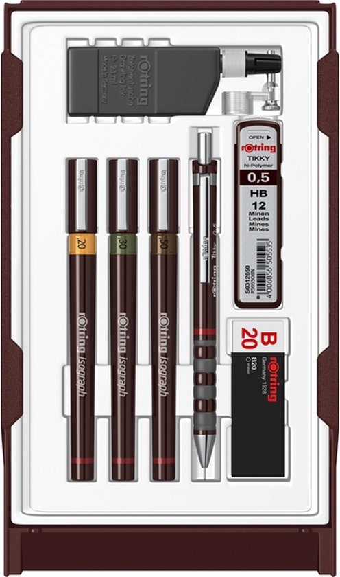 Rotring college set met 3 isografen (0,2 mm, 0,3 mm, 0,5 mm), een Tikky vulpotlood (0,5 mm), gum en reserve-inkt.