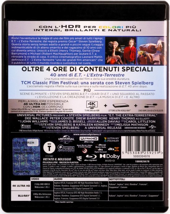 Achterkant van de 4K Ultra HD Blu-ray hoes van E.T. met filmbeschrijving, technische specificaties en bonusmateriaal.
