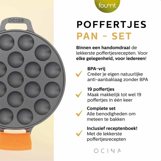 Ocina Poffertjespan Set 19 Poffertjes - Poffertjesmaker Inductie - Poffertjesplaat - Incl. Doseerfles - 6 Vorkjes en Hitte Bestendige Wanten - Gietijzeren Pan - Gratis receptenboek