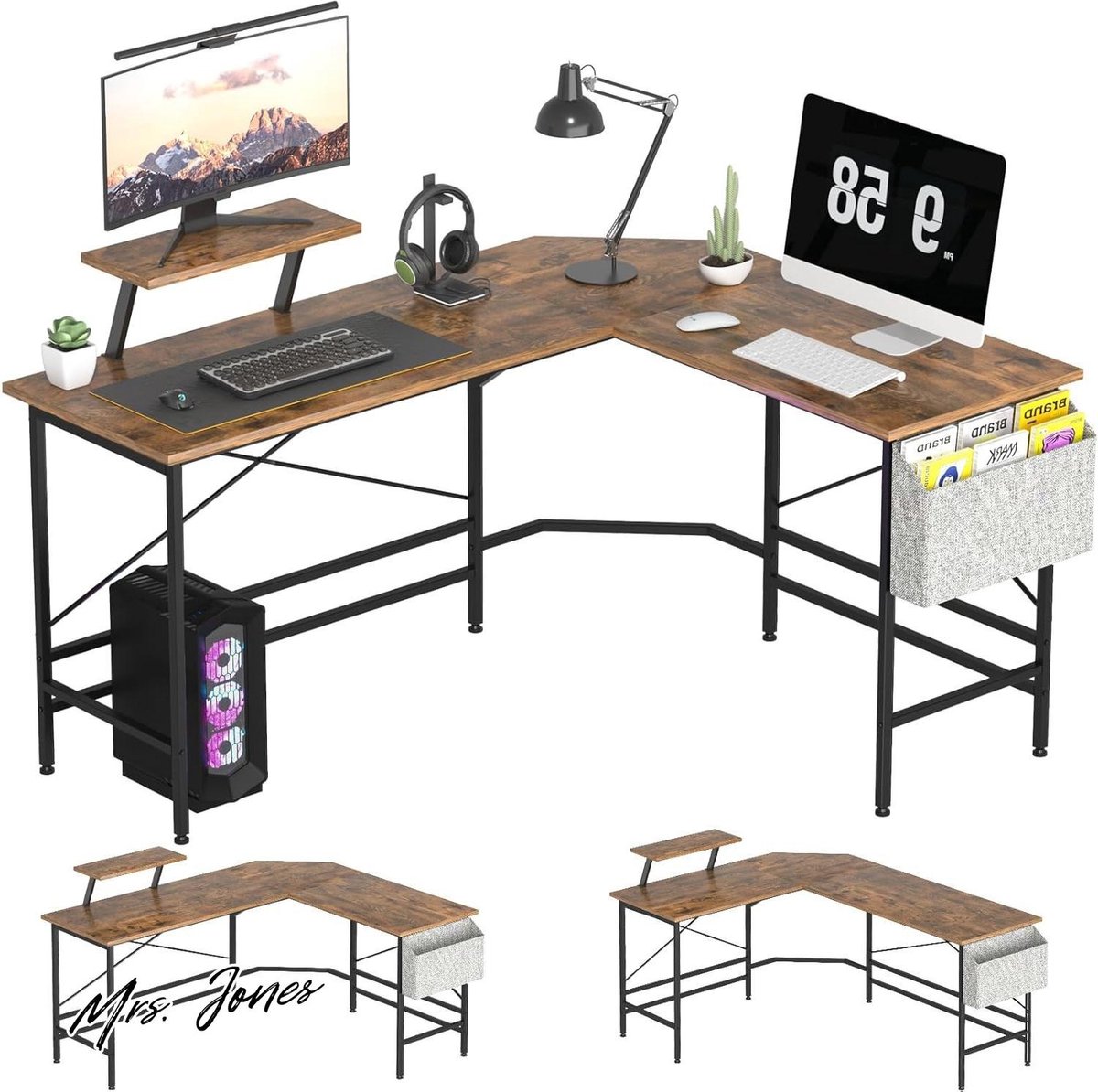 Mrs. Jones L-vormig hoekbureau bruin omkeerbaar computertafelhoek 150 x 48 x 75 cm gamingtafel voor werkkamer- kantoor .