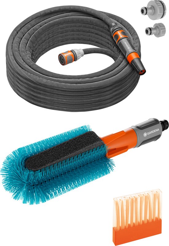 GARDENA Fietsborstel set met wateraansluiting, Liano textielslang 15m, zeepstaaf en spons voor schoonmaak